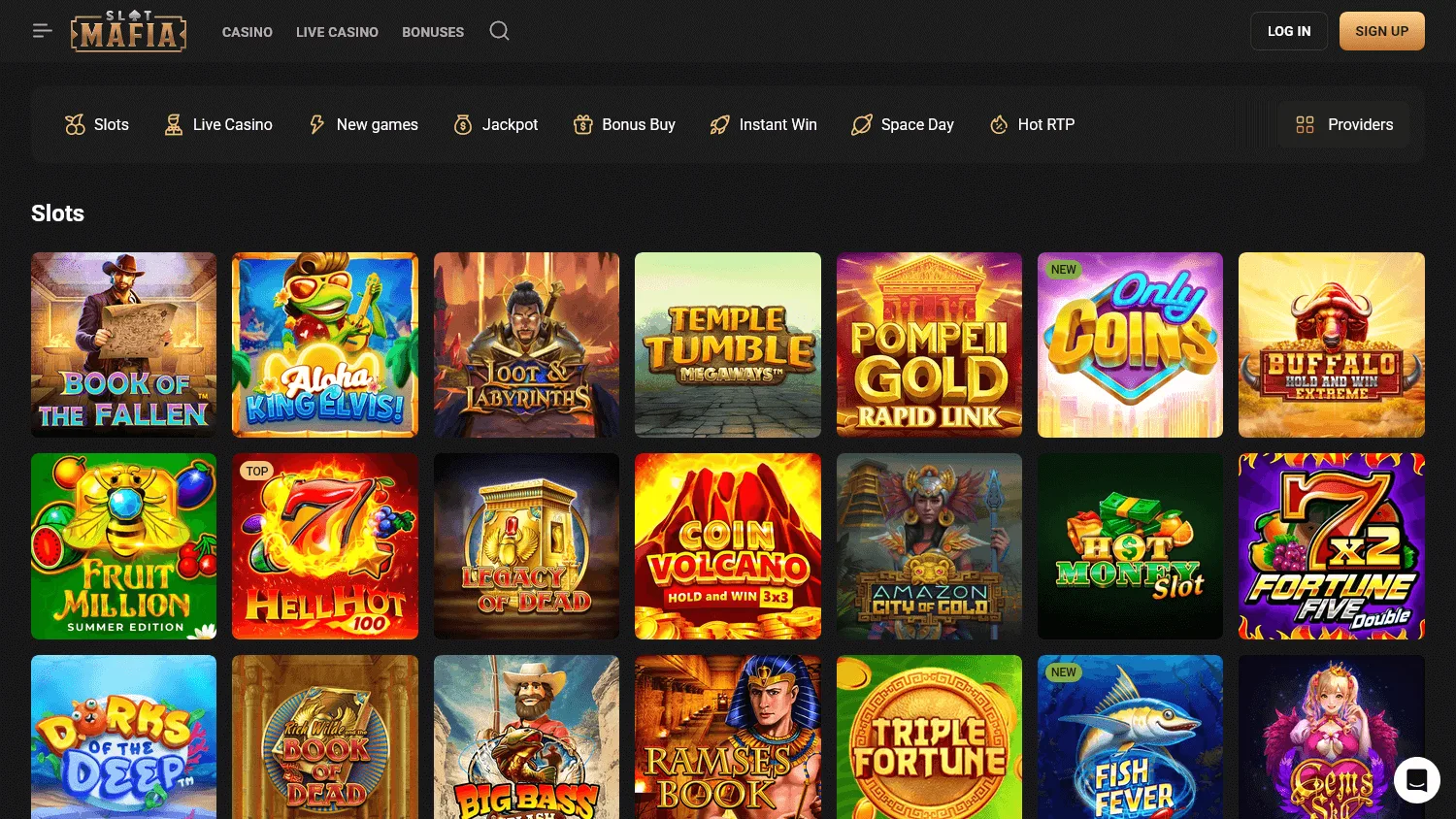 Slot Mafia Casino game selection on desktop